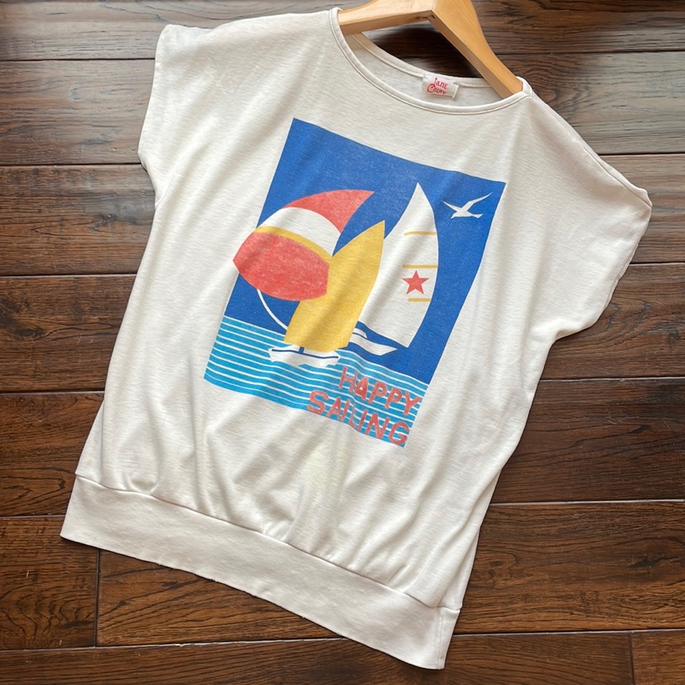 Vintage 1980s Jane Colby Happy Sailing boat seagull dolman Americana blue white